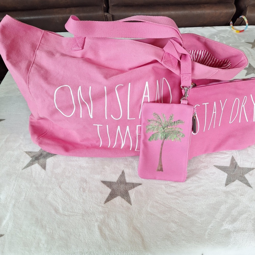 Rae Dunn 3 Piece Pink Canvas Beach Tote Bag On Island Time Snap Close Vacation